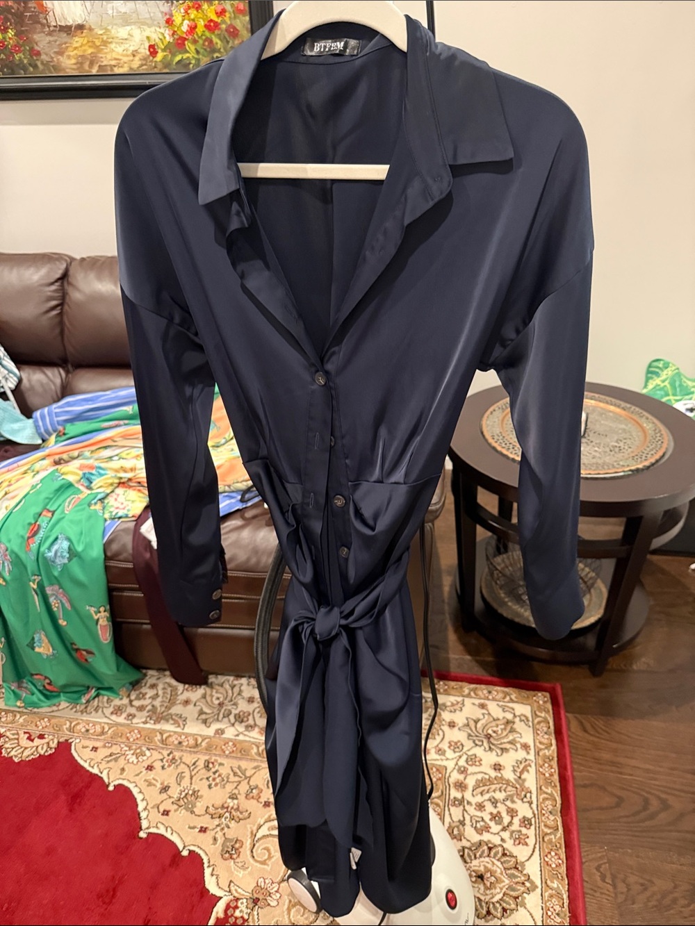 Button-Front Navy Midi Shirt Dress with Waist Tie